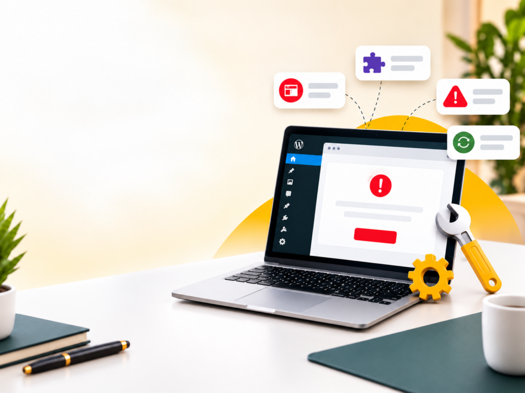 Laptop displaying a website error with troubleshooting tools