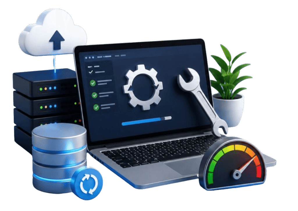 Laptop with maintenance tools, database backups, and a performance gauge